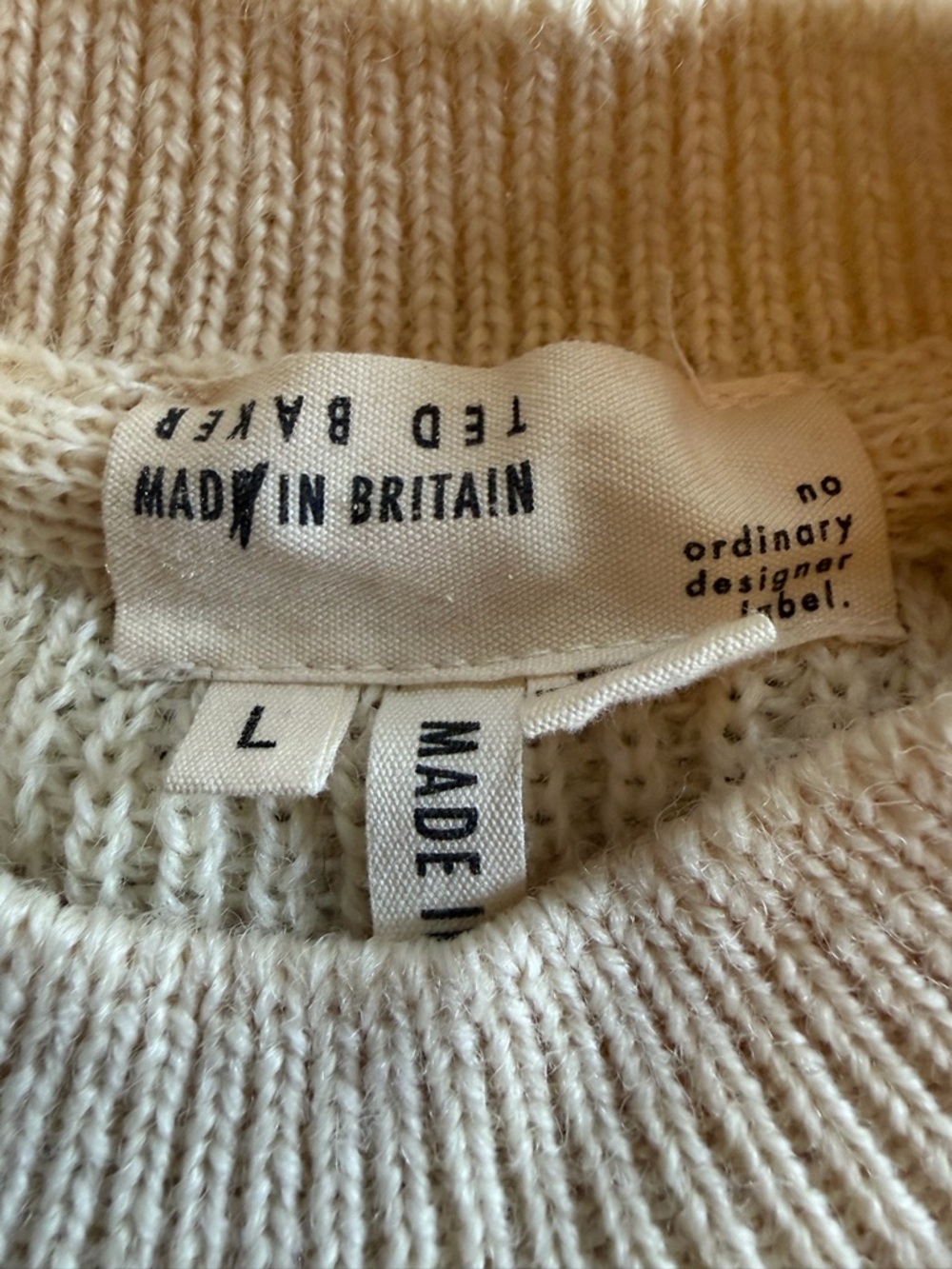 Ted Baker 100% Wool Cream Crewneck Sweater Textured Sleeves Size L | - Picture 3 of 5